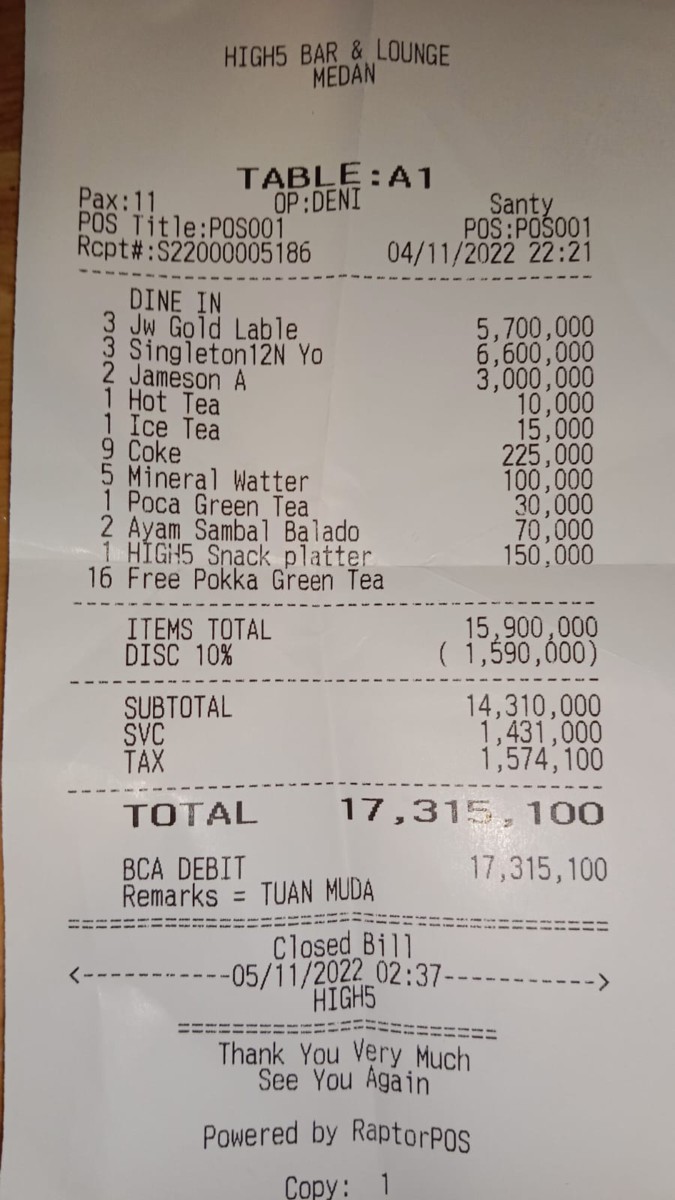 Bill minuman Meja A1.
