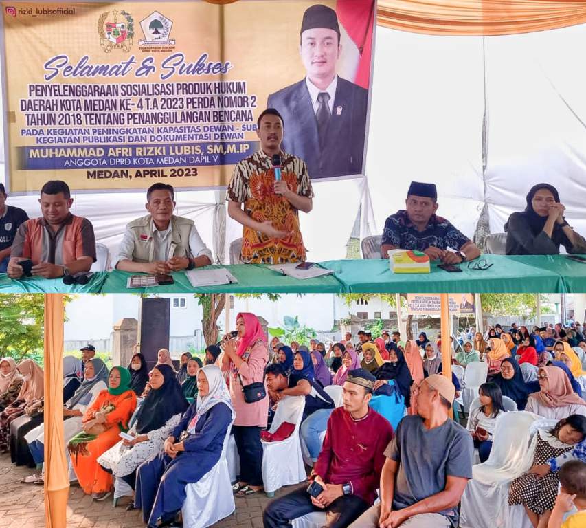 Anggota DPRD Medan, Afri Rizki Lubis, saat Sosialisasi Peraturan Daerah Nomor 2 Tahun 2018 tentang Penanggulangan Bencana, di Pelataran Parkir Mesjid Nurul Ikhwan, Jalan Karya Kasih Kelurahan Pangkalan Masyhur Kecamatan Medan Johor, Senin (10/4/2023) sore.