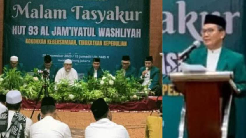 Ketua Umum Pengurus Besar (PB) Al Washliyah, Dr. K.H. Masyhuril Khamis saat menyampaikan sambutannya pada malam Tasyakur Milad Al Jam'iyatul Washliyah ke-93 tahun di Hotel Balairung, Jakarta, Rabu (29/11/ 2023) malam.