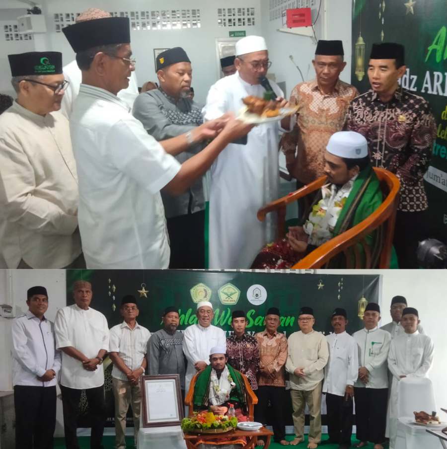 Pembina PTQ Shah-Amin Dr KRT H Hardi Mulyono K Surbakti mengupah-upah Ustadz Arifin Daulay SPd Alhafidz yang kembali dari pondok Pesantren Zainul Ibad Madura Jawa Timur, dan meraih Sanad Tahfidzul Qur'an, Jumat (26/7/2024) di di pondok Tahfidz Qur'an Shah-Amin Binaan UMN Al Washliyah di Jalan Amal/Sehat, Sunggal, Jumat (26/7/2024). Bawah, Ustadz Arifin Daulay SPd Alhafidz diabadikan bersama Pembina PTQ Shah-Amin Dr KRT H Hardi Mulyono K Surbakti, Rektor UMN Al Washliyah, Pewakif, Plt Direktur PTQ Shah-Amin dan ustadz staf pengajar Pondok Tahfidz Qur'an Shah-Amin.