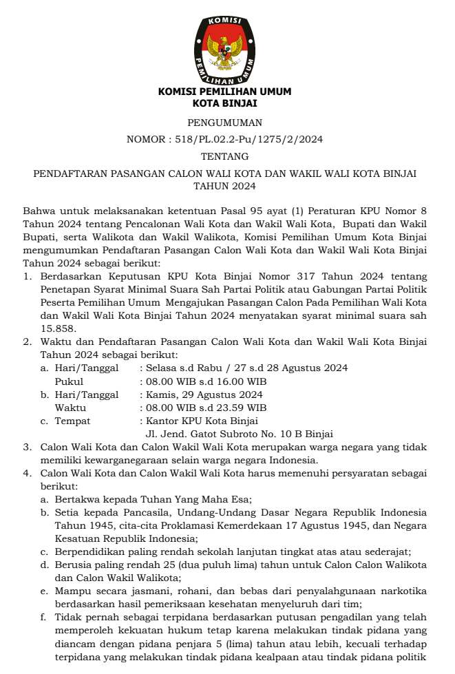 KPU Kota Binjai Umumkan Pendaftaran Calon Wali Kota dan Wakil Wali Kota Binjai Tahun 2024