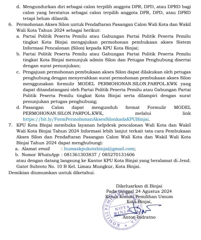 KPU Kota Binjai Umumkan Pendaftaran Calon Wali Kota dan Wakil Wali Kota Binjai Tahun 2024