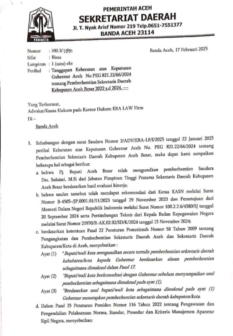 Sekda Aceh Tanggapi Keberatan atas Pemberhentian Sekda Aceh Besar