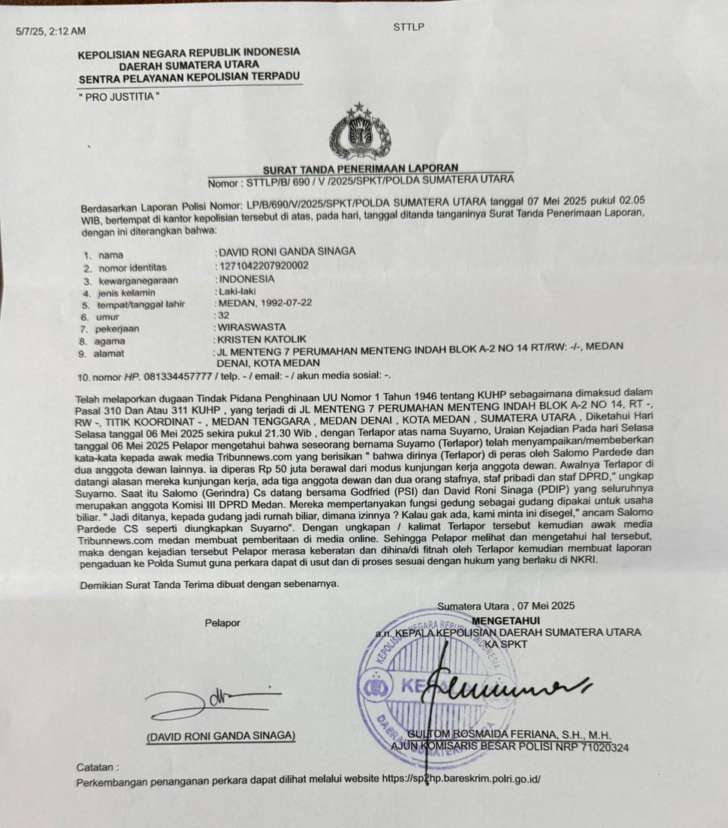 Surat LP David Roni bernomor STTLP/B/690/V/2025/SPKT/Polda Sumatera Utara