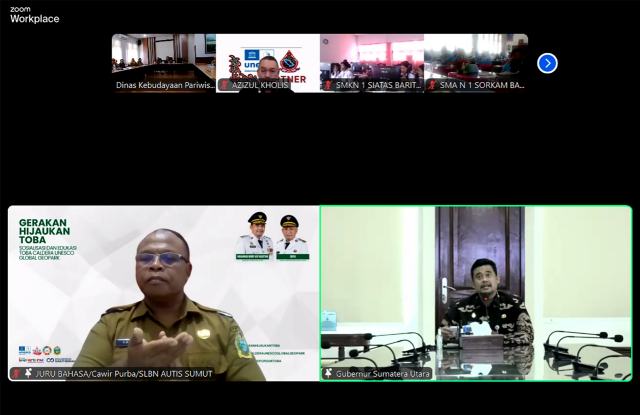 Gubernur Sumatera Utara (Sumut) Bobby Afif Nasution pada kegiatan Sosialiasi dan Edukasi Toba Caldera UNESCO Global Geopark, yang digelar Dinas Kebudayaan Pariwisata dan Ekonomi Kreatif Sumut melalui platform Zoom Meeting, Selasa (3/6/2025). Foto/Diskominfo Sumut