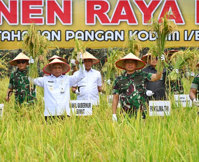 Wakil Gubernur Sumut Surya bersama Panglima TNI Jenderal TNI Agus Subiyanto melakukan Panen Raya Padi Lahan Ketahanan Pangan Kodam I / Bukit Barisan di Desa Perkebunan Ramunia Kecamatan Pantai Labu, Kabupaten Deliserdang, Kamis (10/7/2025). Foto/Diskominfo Sumut