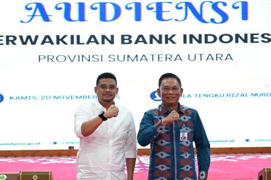 Gubernur Sumatera Utara (Sumut) Muhammad Bobby Afif Nasution menerima kunjungan Kepala Perwakilan BI Sumut Rudy Brando Hutabarat, di Aula Tengku Rizal Nurdin, Jalan Sudirman Nomor 41, Medan, Kamis (20/11/2025).