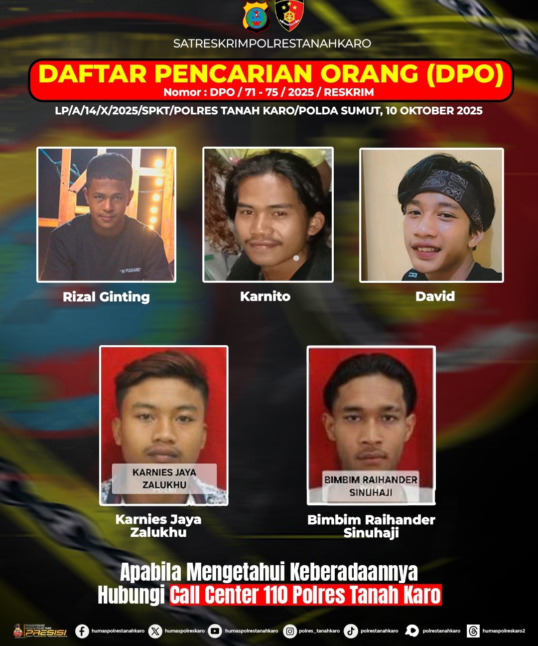 Polres Tanah Karo Terbitkan DPO 5 Terduga Pelaku Tindak Pidana Pembunuhan