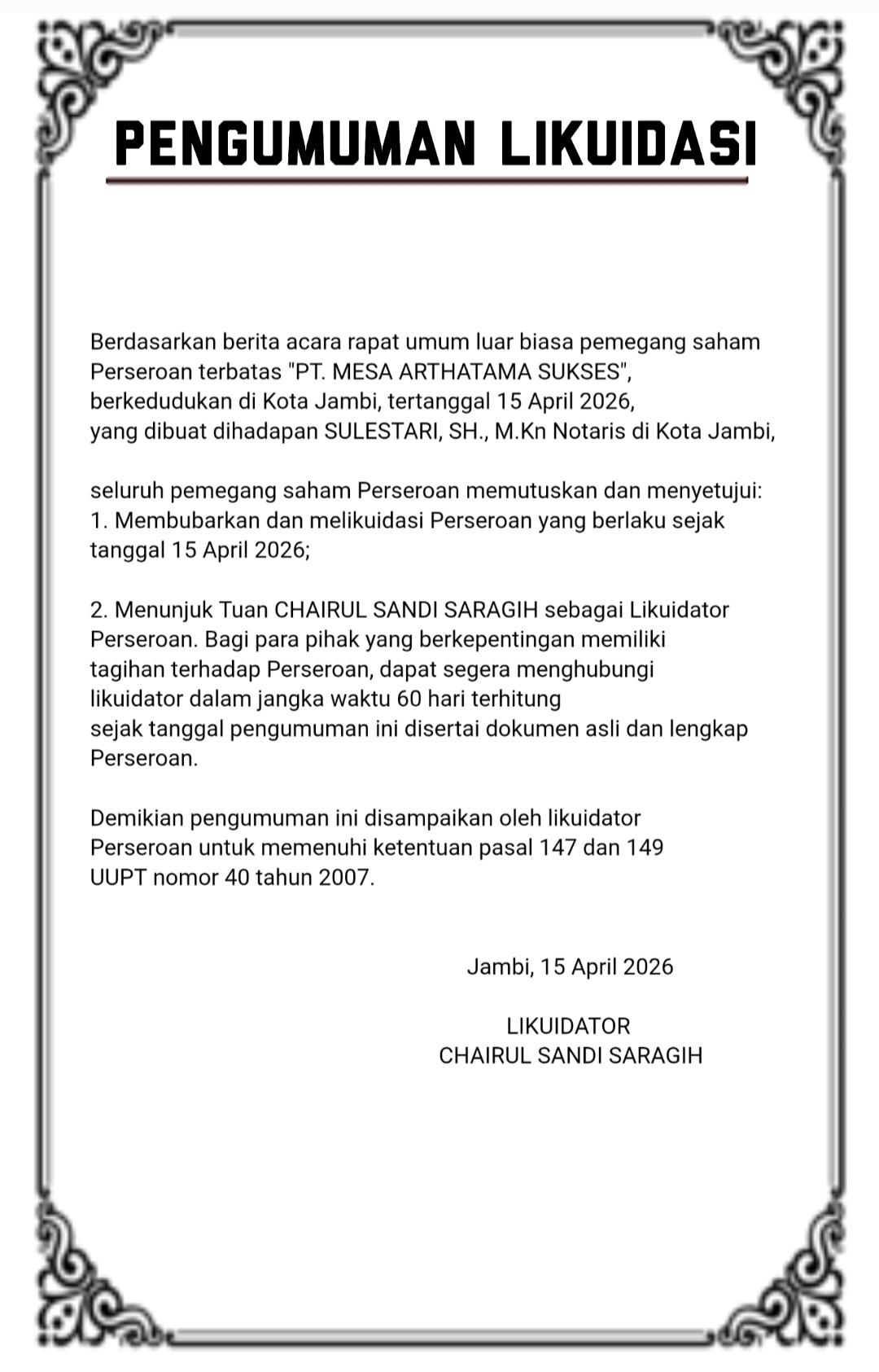 Pengumuman Likuidasi