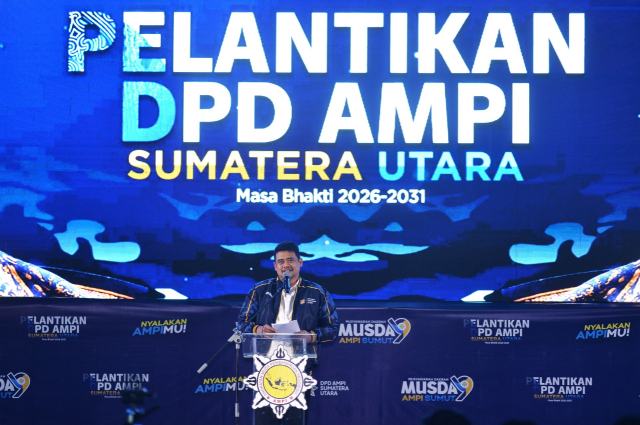Bobby Nasution saat menghadiri pelantikan pengurus DPD AMPI Sumut masa bakti 2026-2031 di Regale International Convention Centre, Medan, Minggu (21/6/2026).