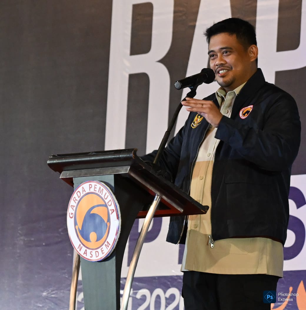 Bobby Nasution membuka Rapim Wilayah I DPW GP Nasdem Sumut, di Ballroom JW.Marriot Hotel. (Kominfo Sumut Dok)