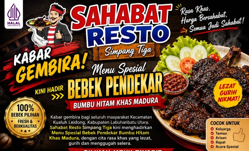 Menu Spesial Bebek Pendekar Bumbu Hitam Kini Hadir di Sahabat Resto Simpang Tiga