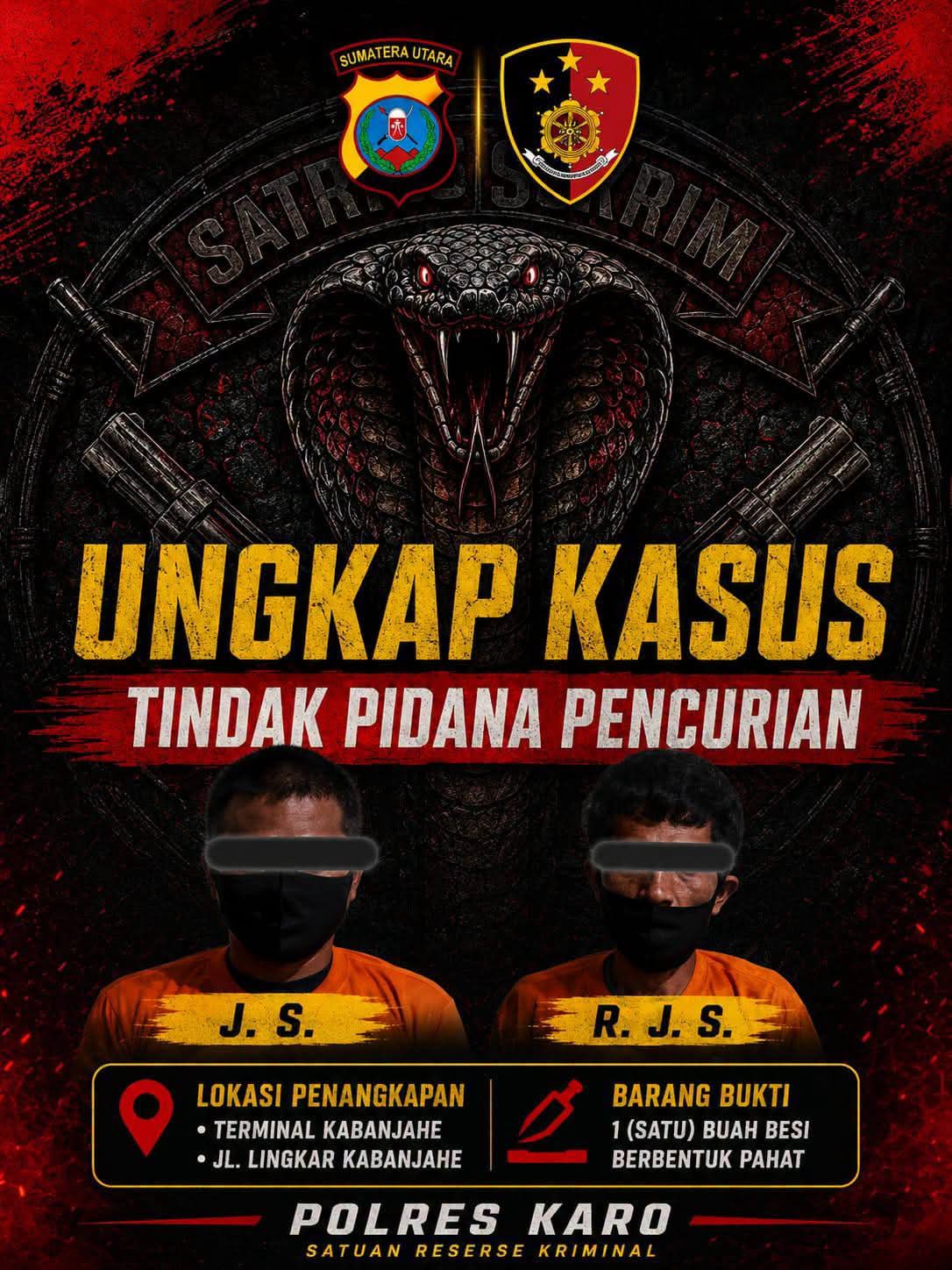 Tim Cobra Satreskrim Polres Karo Bekuk Dua Terduga Pembobol Kedai
