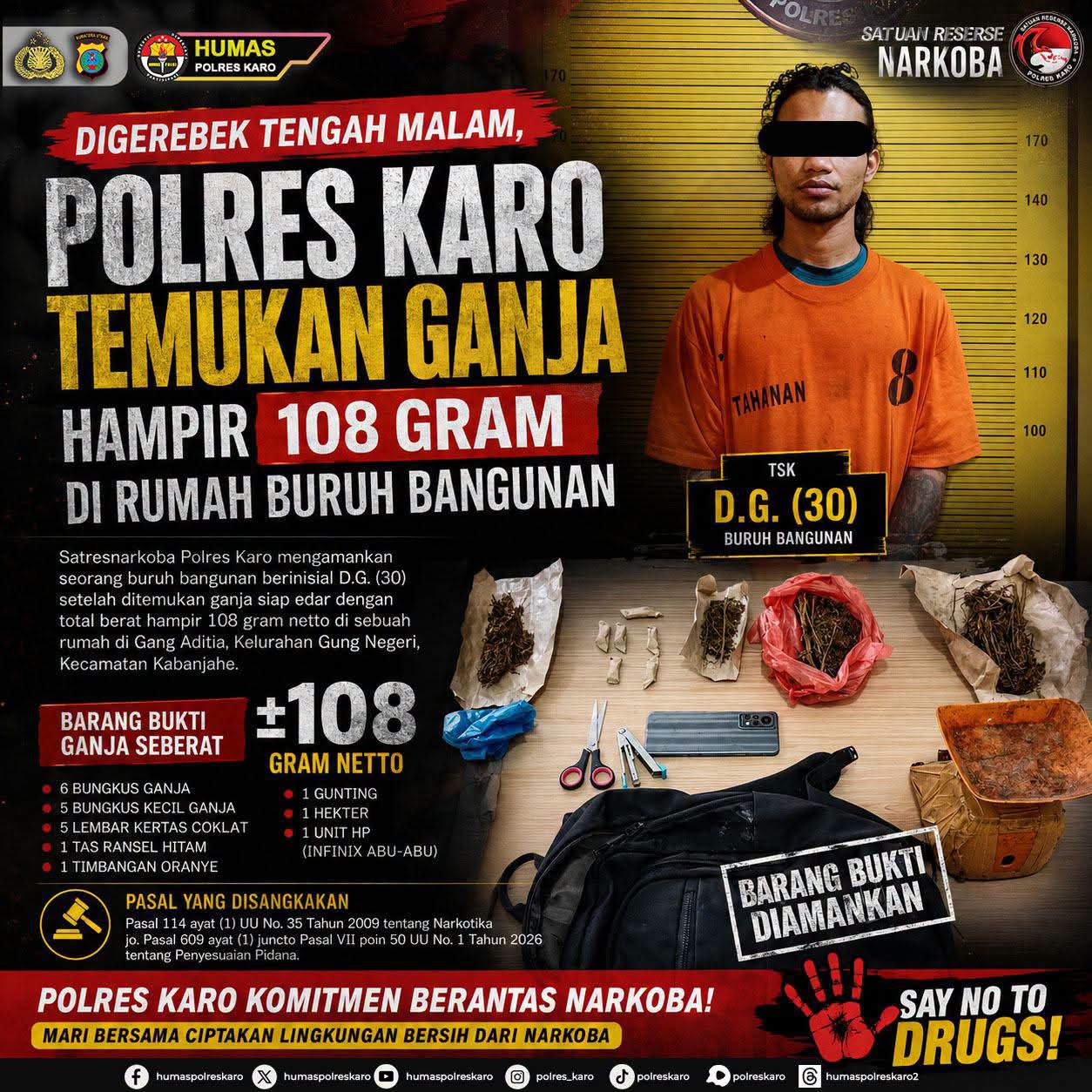 Digerebek Tengah Malam, Polres Karo Temukan Ganja 108 Gram di Rumah Buruh Bangunan