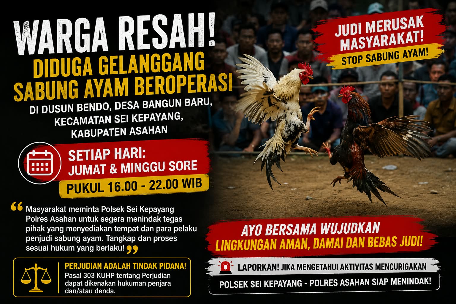 Warga Resah, Gelanggang Sabung Ayam Beroperasi di Dusun Bendo Asahan